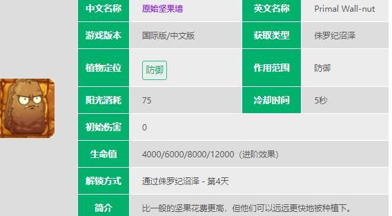 植物大战僵尸2原始坚果墙属性介绍